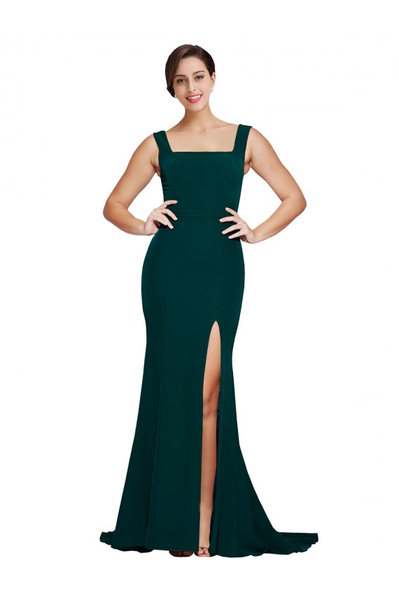 Buy Fitted Square Neck Long Crepe Bridesmaid Dress / Prom Dress with Train and Side Split UK