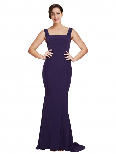 Buy Square Neck Long Sweep Train Crepe Bridesmaid Dress / Prom Dress with Thick Straps UK