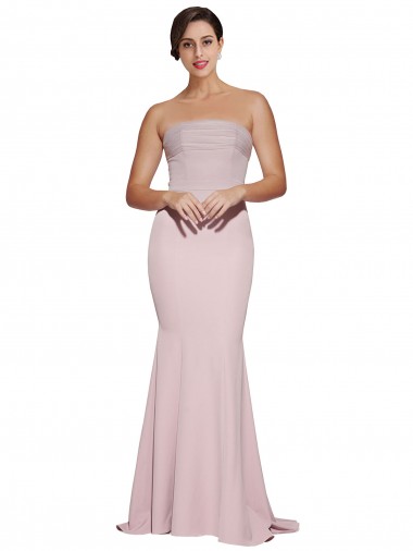 Buy Straight Neck Long Strapless Formal Crepe Bridesmaid Dress / Prom Dress with Soft Tulle Overlay and Small Train UK