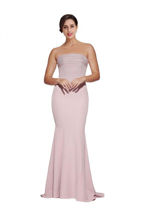 Buy Straight Neck Long Strapless Formal Crepe Bridesmaid Dress / Prom Dress with Soft Tulle Overlay and Small Train UK