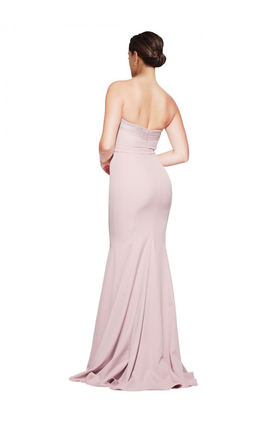 Buy Straight Neck Long Strapless Formal Crepe Bridesmaid Dress / Prom Dress with Soft Tulle Overlay and Small Train UK