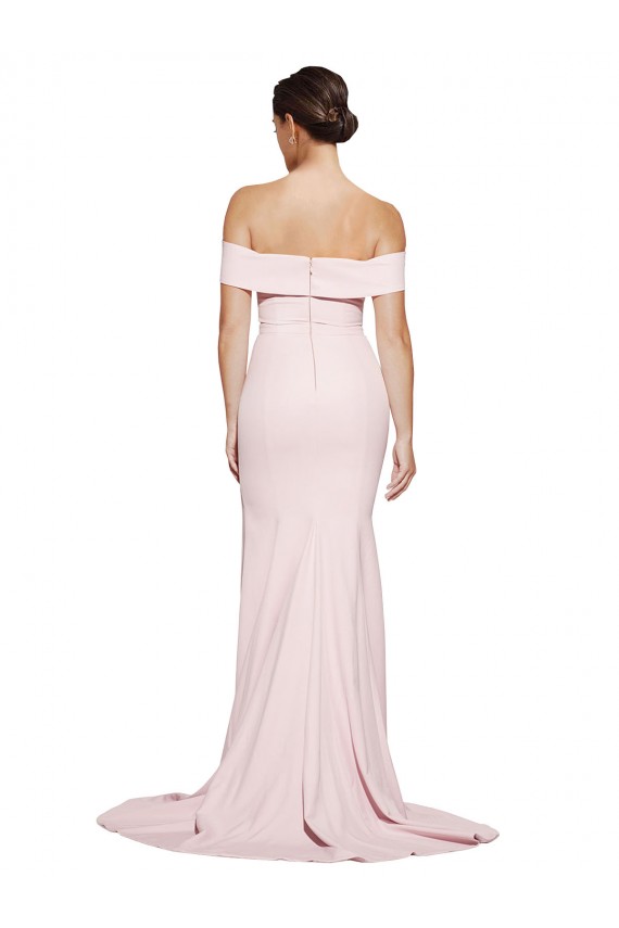 Buy Off Shoulder Long Formal Crepe Bridesmaid Dress / Prom Dress with Straight Neckline and Side Split UK