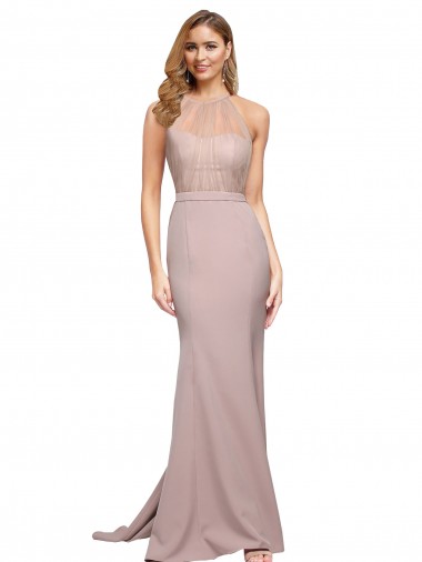 Buy Long Sweetheart Formal Crepe Bridesmaid Dress / Prom Dress with High Neck Illusion Tulle Details UK
