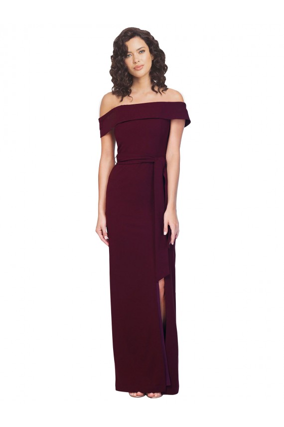 Buy Fitted Full Length Off the Shoulder Formal Crepe Bridesmaid Dress / Prom Dress with Side Split and Waist Tie UK