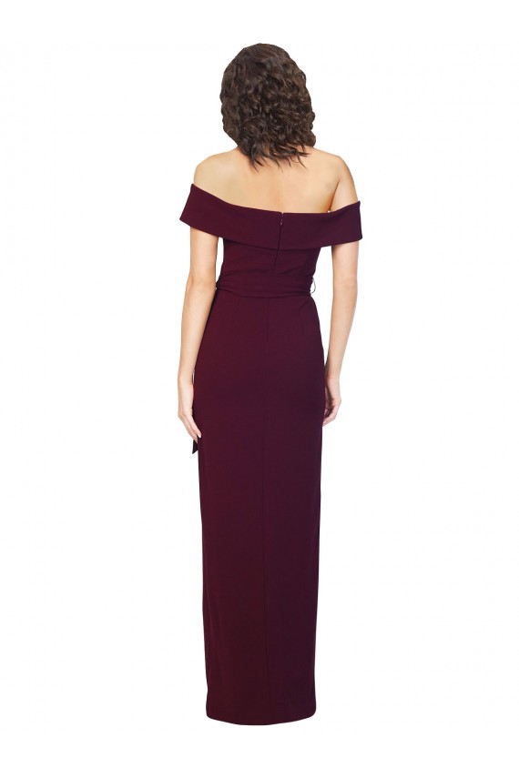 Buy Fitted Full Length Off the Shoulder Formal Crepe Bridesmaid Dress / Prom Dress with Side Split and Waist Tie UK