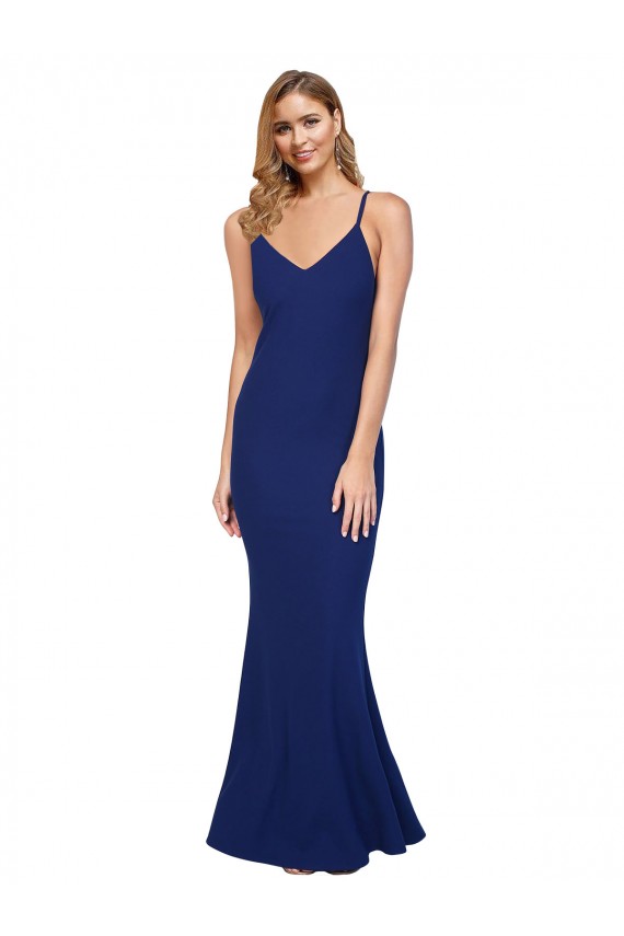Buy Full Length V-Neckline Formal Crepe Bridesmaid Dress / Prom Dress with Thin Straps and Fulted Skirt UK