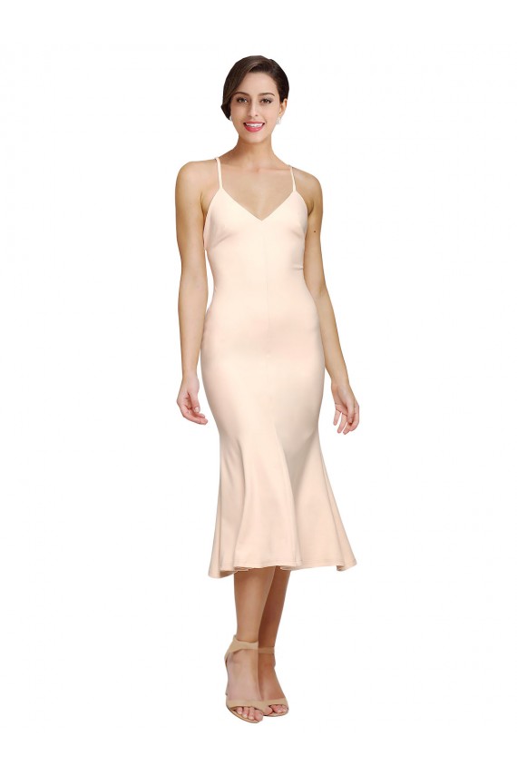 Buy Midi Cocktail Length V-Neckline Crepe Bridesmaid Dress / Prom Dress with Thin Straps and Fulted Skirt UK
