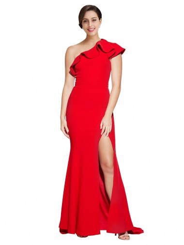 Buy One Shoulder Long Sweep Train Crepe Bridesmaid Dress / Prom Dress with Thigh High Split UK