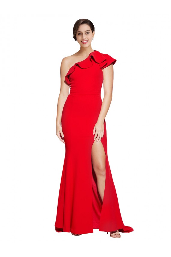 Buy One Shoulder Long Sweep Train Crepe Bridesmaid Dress / Prom Dress with Thigh High Split UK