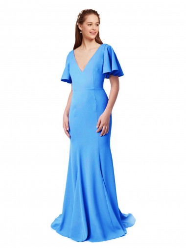 Buy Short Sleeves Long V-Neck Crepe Bridesmaid Dress / Prom Dress with V-Back UK