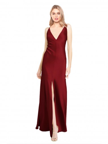 Buy Floor Length Deep V-Back Formal Stretch Satin Bridesmaid Dress / Prom Dress with Front Slit UK