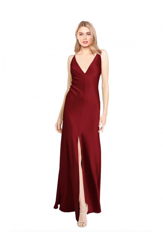 Buy Floor Length Deep V-Back Formal Stretch Satin Bridesmaid Dress / Prom Dress with Front Slit UK