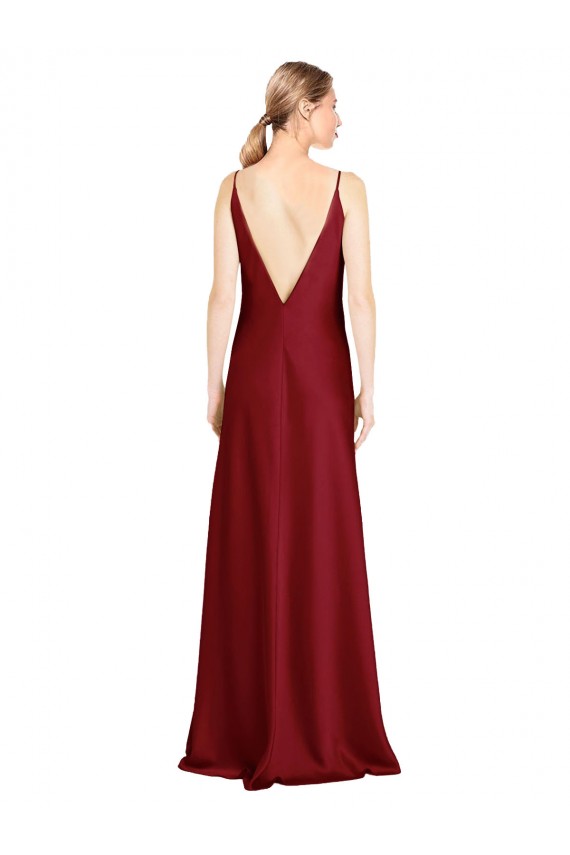 Buy Floor Length Deep V-Back Formal Stretch Satin Bridesmaid Dress / Prom Dress with Front Slit UK