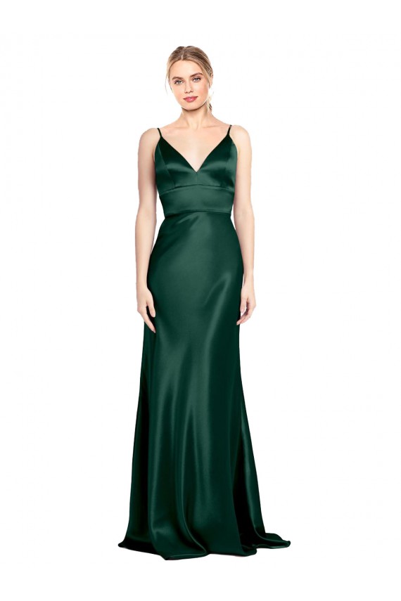 Buy High V-Neck Long Full Length Sheath Formal Stretch Satin Bridesmaid Dress / Prom Dress UK