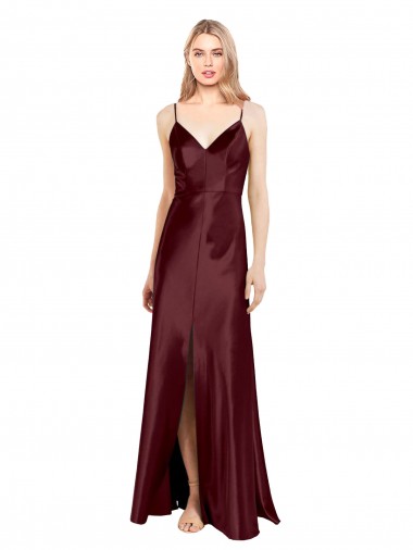 Buy Sleek Spaghetti Straps V-Neck Formal Stretch Satin Bridesmaid Dress / Prom Dress with Center Front Slit UK