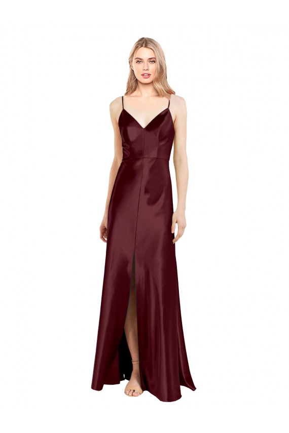 Buy Sleek Spaghetti Straps V-Neck Formal Stretch Satin Bridesmaid Dress / Prom Dress with Center Front Slit UK