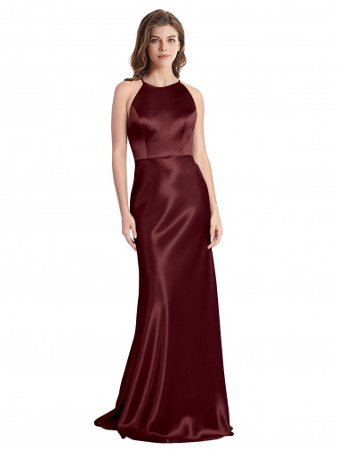 Buy High Neck Halter Long Sleeveless Formal Stretch Satin Bridesmaid Dress / Prom Dress with Strappy Back UK