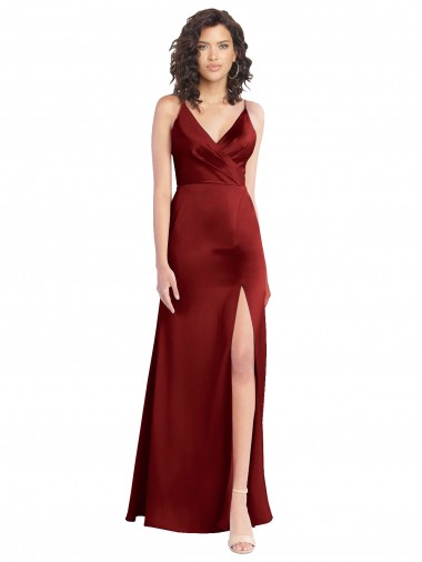 Buy Faux Surplice Neckline Long Slim A-Line Formal Stretch Satin Bridesmaid Dress / Prom Dress UK