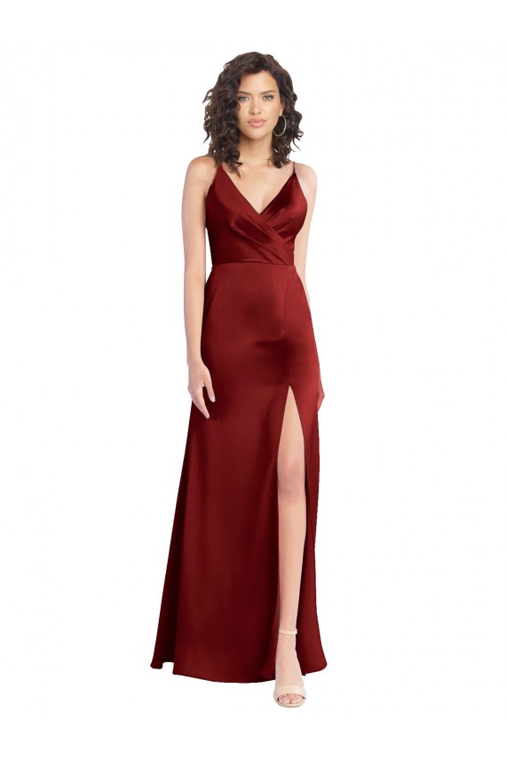 Buy Faux Surplice Neckline Long Slim A-Line Formal Stretch Satin Bridesmaid Dress / Prom Dress UK