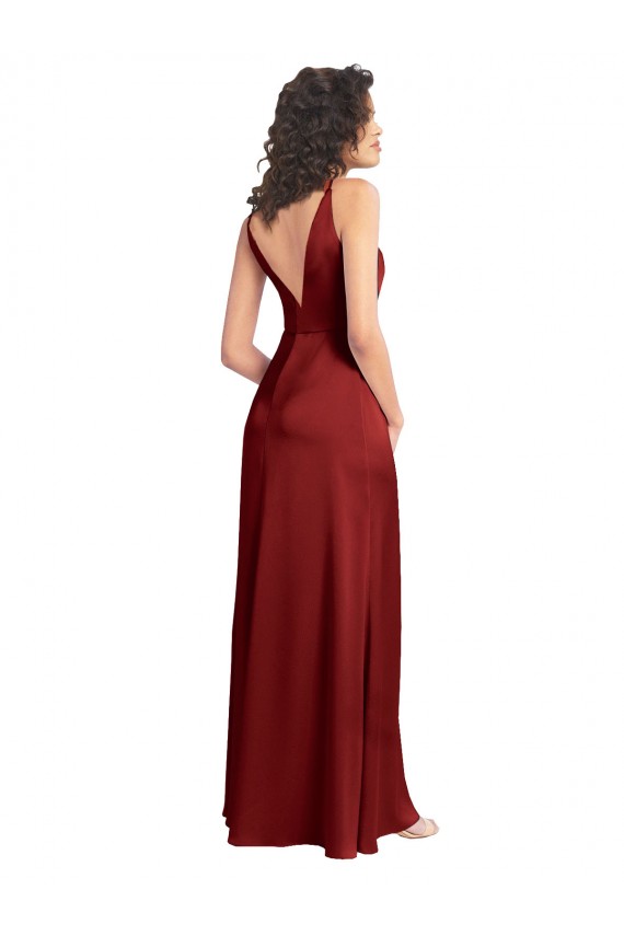 Buy Faux Surplice Neckline Long Slim A-Line Formal Stretch Satin Bridesmaid Dress / Prom Dress UK