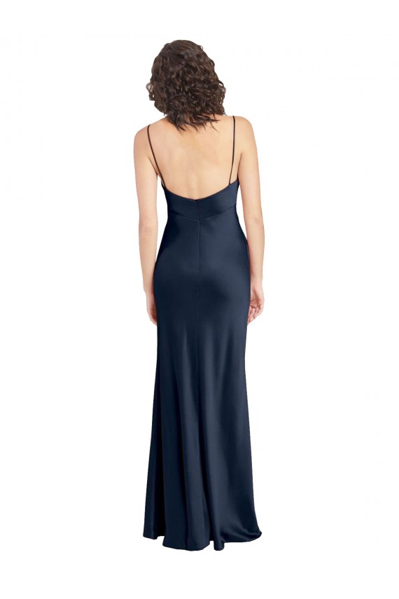 Buy Cowl Neck Long Empire Waist Formal Stretch Satin Bridesmaid Dress with Open Back UK