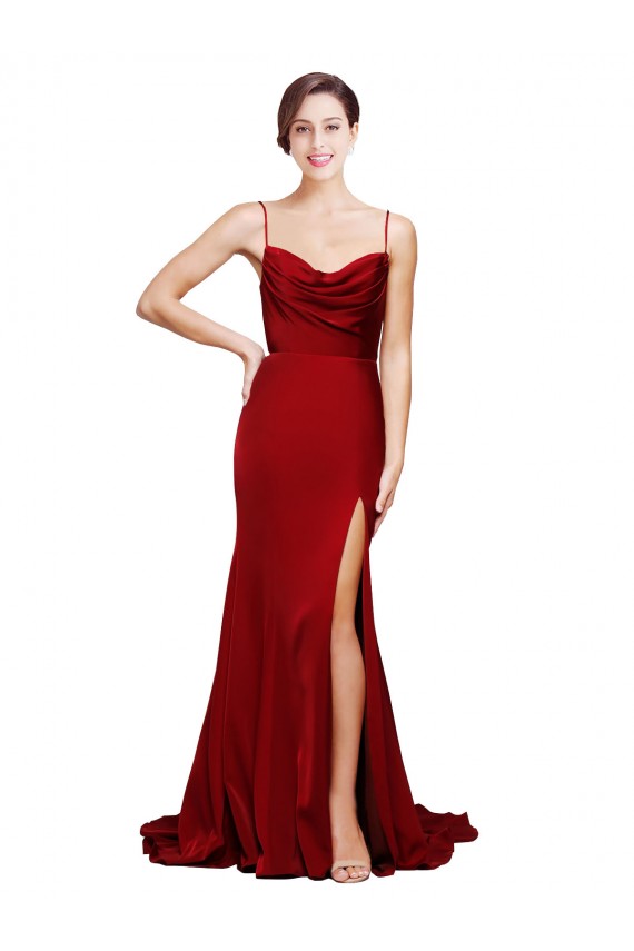 Buy Cowl Front Neck Sweep Train Formal Stretch Satin Bridesmaid Dress / Prom Dress with High Side Split UK