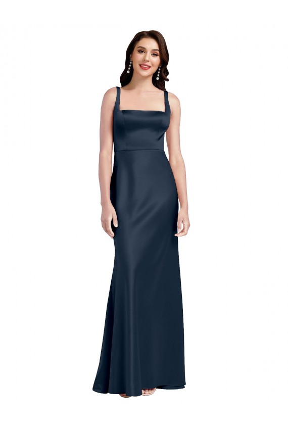 Buy Square Neck A-Line Long Formal Stretch Satin Bridesmaid Dress / Prom Dress with Wide Straps UK