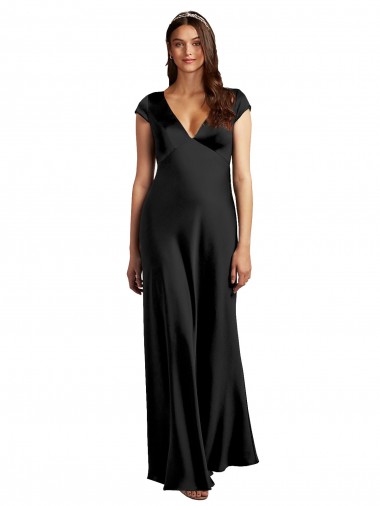 Buy Plunging V-Neck Cap Cleeves Long Formal Stretch Satin Bridesmaid Dress / Prom Dress with Keyhole Back UK
