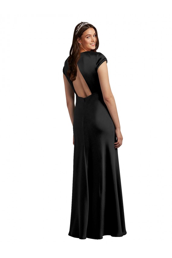 Buy Plunging V-Neck Cap Cleeves Long Formal Stretch Satin Bridesmaid Dress / Prom Dress with Keyhole Back UK
