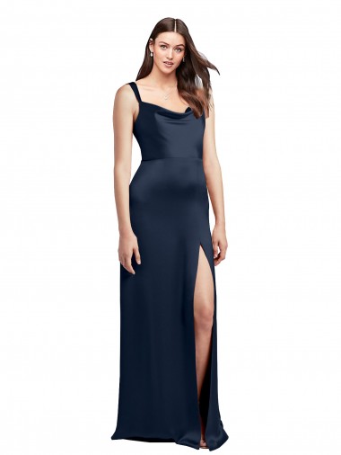 Buy Cowl Neck Soft Long Formal Stretch Satin Bridesmaid Dress / Prom Dress with Side Slit and Pleated Straps UK