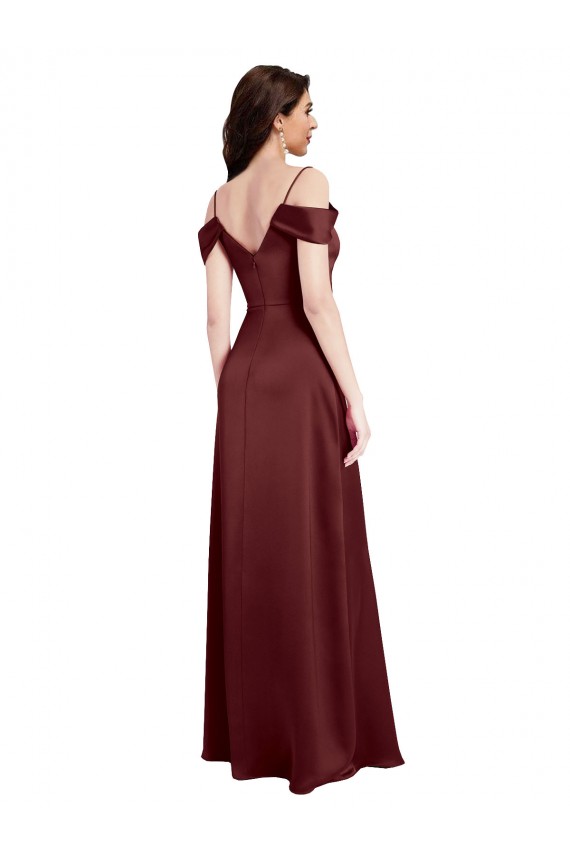 Buy Draped Off the Shoulder Sleeves Slim A-Line Formal Stretch Satin Bridesmaid Dress / Prom Dress with Side Slit UK