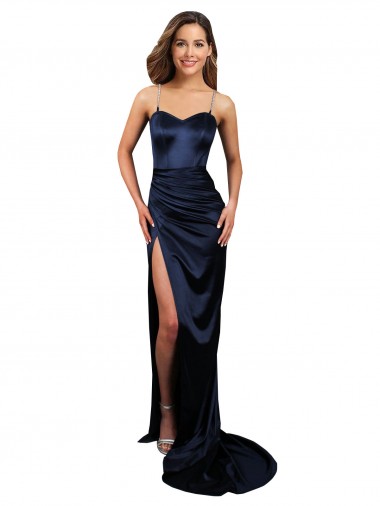Buy Pleated Sash Skirt Long Formal Stretch Satin Bridesmaid Dress / Prom Dress with High Slit UK
