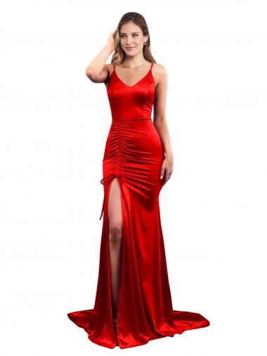 Buy Long Pleated Formal Stretch Satin Bridesmaid Dress / Prom Dress with High Slit UK