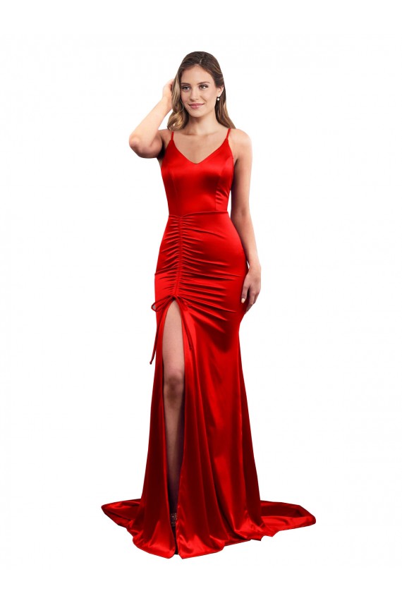 Buy Long Pleated Formal Stretch Satin Bridesmaid Dress / Prom Dress with High Slit UK