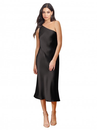 Buy Sleek One Shoulder Midi Length Short Cocktail Formal Stretch Satin Slip Bridesmaid Dress / Prom Dress UK