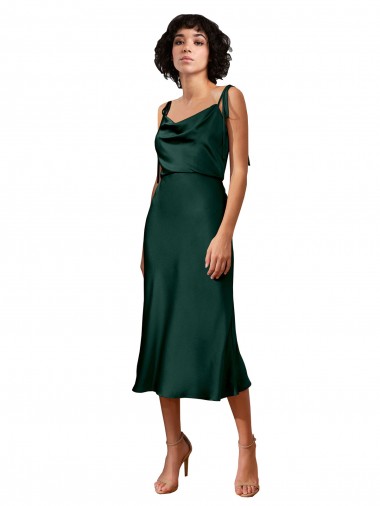 Buy Spaghetti Straps Tie Shoulders Cowl Neck Short Midi Length Formal Stretch Satin Cocktail Bridesmaid Dress / Prom Dress UK