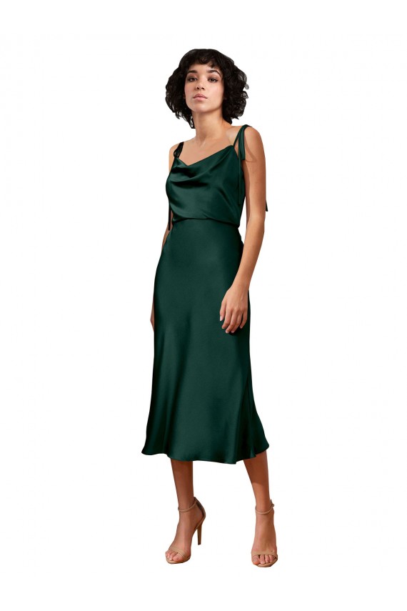 Buy Spaghetti Straps Tie Shoulders Cowl Neck Short Midi Length Formal Stretch Satin Cocktail Bridesmaid Dress / Prom Dress UK