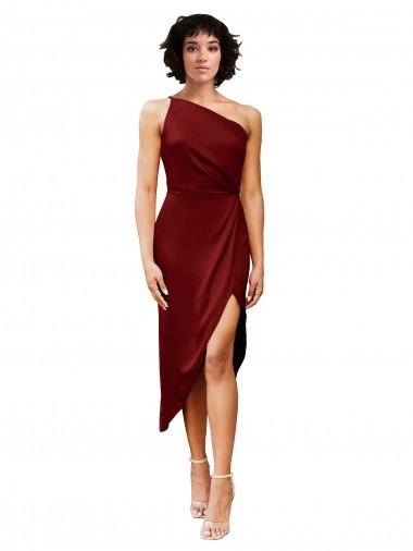 Buy One Shoulder Cocktail Midi Length Short Formal Stretch Satin Wrap Style Bridesmaid Dress / Prom Dress UK