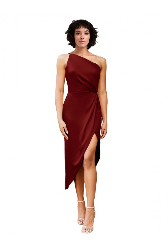 Buy One Shoulder Cocktail Midi Length Short Formal Stretch Satin Wrap Style Bridesmaid Dress / Prom Dress UK