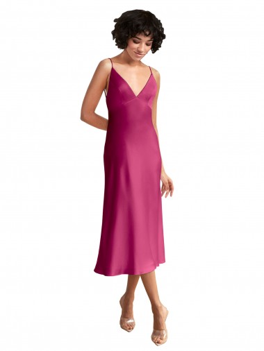 Buy Midi Length V-Neck Short Formal Stretch Satin Bridesmaid Dress / Cocktail Prom Dress with Low Scoop Back UK