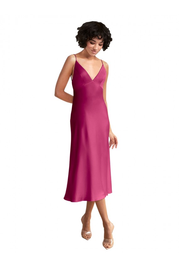 Buy Midi Length V-Neck Short Formal Stretch Satin Bridesmaid Dress / Cocktail Prom Dress with Low Scoop Back UK