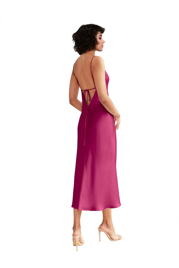 Buy Midi Length V-Neck Short Formal Stretch Satin Bridesmaid Dress / Cocktail Prom Dress with Low Scoop Back UK