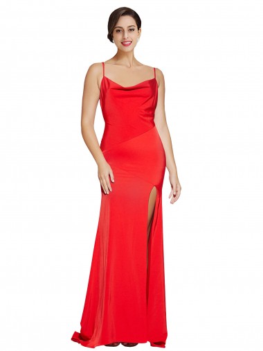 Buy Low Back Cowl Neck Formal Stretch Satin Bridesmaid Dress / Prom Dress with High Side Slit UK