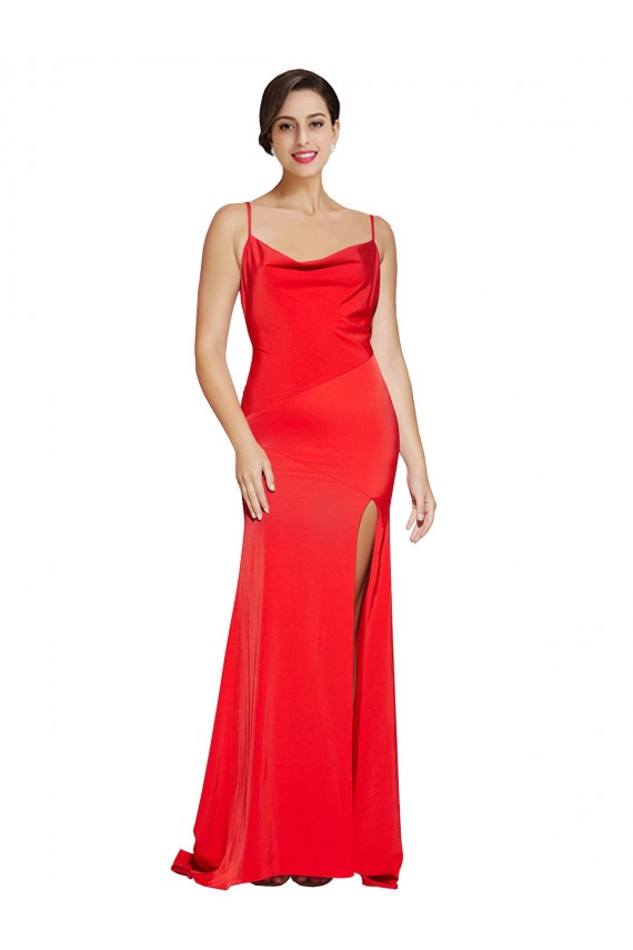 Buy Low Back Cowl Neck Formal Stretch Satin Bridesmaid Dress / Prom Dress with High Side Slit UK