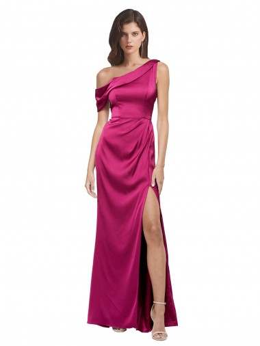 Buy Off the Shoulder Short Sleeves Formal Stretch Satin Bridesmaid Dress / Prom Dress with Side Slit UK
