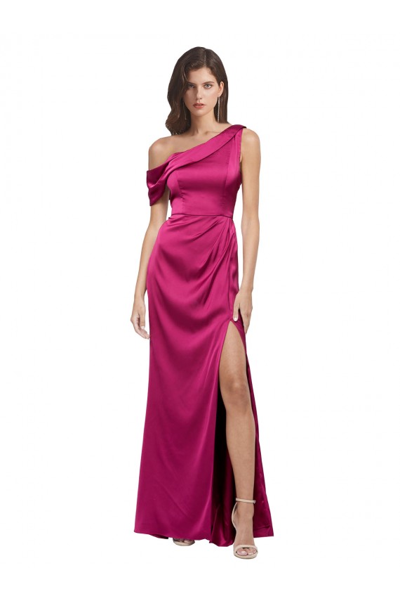 Buy Off the Shoulder Short Sleeves Formal Stretch Satin Bridesmaid Dress / Prom Dress with Side Slit UK
