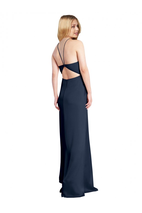 Buy Halter Neckline Long Formal Stretch Satin Bridesmaid Dress / Prom Dress with Strappy Back and Side Slit UK
