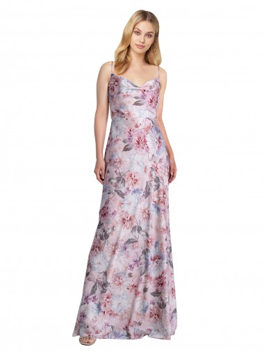 Buy Draped Cowl Neck Long Printed Formal Stretch Satin Bridesmaid Dress UK