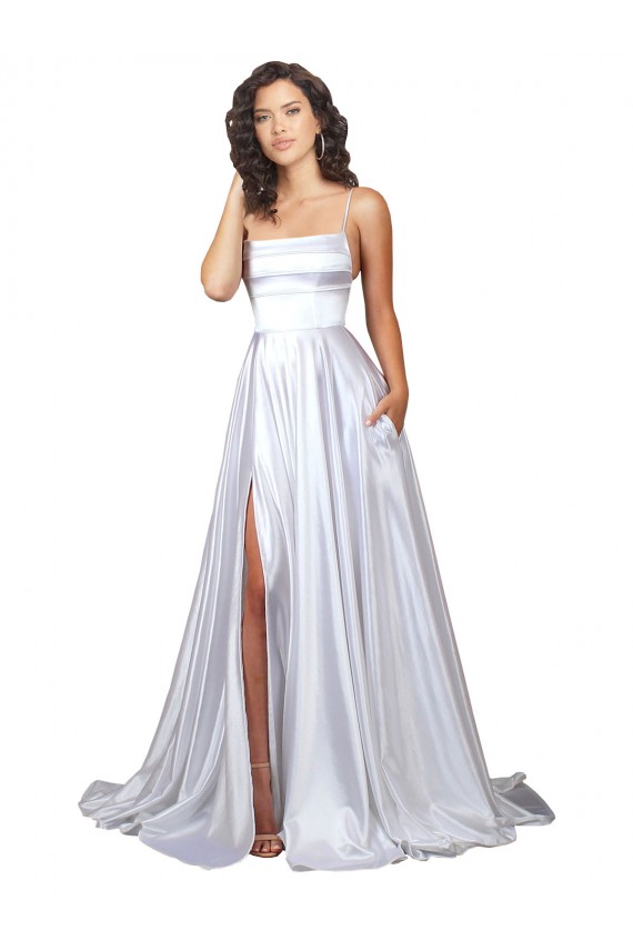 Buy Simple A-Line Corset Style Pleated Long Stretch Satin Beach Wedding Dress with High Slit UK