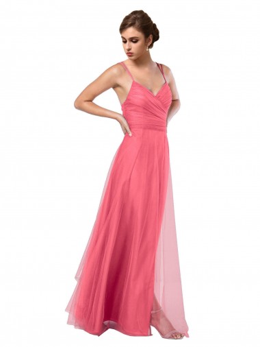 Buy Flowy A-Line Tulle Bridesmaid Dress with Double Straps and V-Neck UK